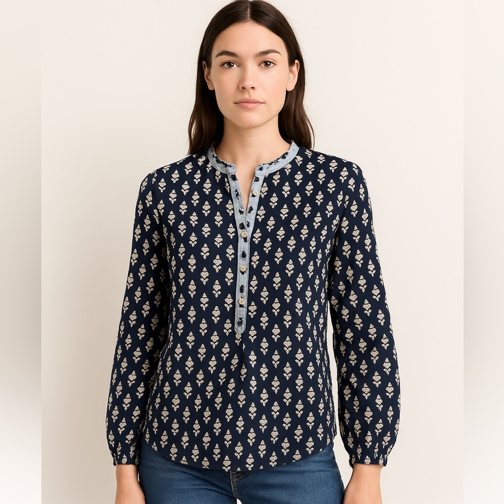 J.Crew Navy Thistle Floral Print Cotton Blouse XS – Boho Tunic Top Button Front